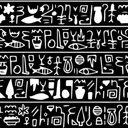 Symbols similar to Hieroglyphs arranged horizontally. Hand drawn vector seamless pattern in black...