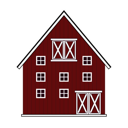 Red wooden barn with windows and doors, several floors. Isolated vector illustration on white backgroundのイラスト素材