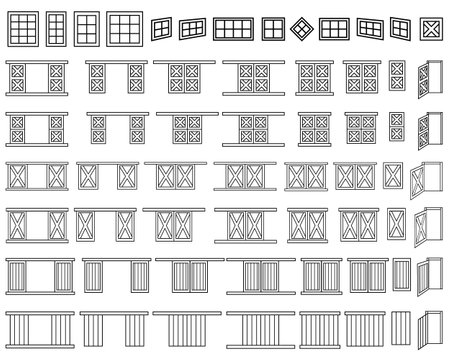 Windows and doors of outline wooden barn village house. Black white big set of gates or portals for coloring book. Vector isolated line illustrations on white backgroundのイラスト素材
