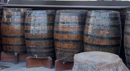 design with wooden barrels of wineの写真素材