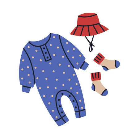 Cute newborn baby outfit. Cartoon girl or boy garments, kids modern clothing outfit vector nursery illustration. Child fashion clothing lookのイラスト素材