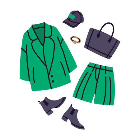 Fashion casual clothes outfits. Female modern wardrobe casual looks, trendy outfits cartoon vector illustration set. Doodle stylish fashion clothes setsのイラスト素材