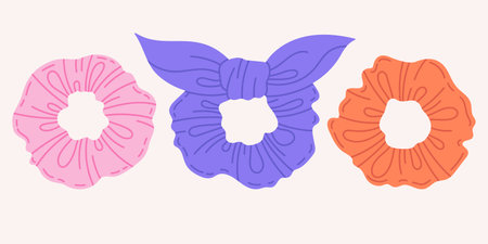 Hand drawn hair scrunchies. Girls elastic scrunchies, hair accessory isolated cartoon vector illustration icons setのイラスト素材