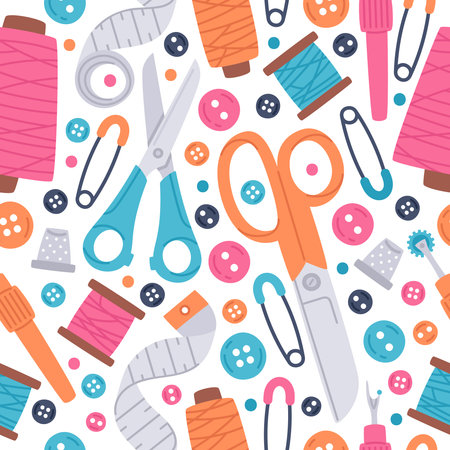 Sewing needlework hand drawn seamless pattern. Doodle buttons, scissors and needles cartoon sewing...