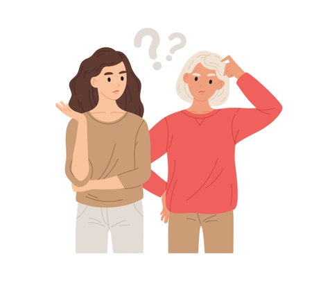 Thoughtful girls couple. Pensive, doubting, thinking or making decision young women vector illustration. Flat thinking female charactersのイラスト素材