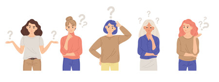 Thinking girls. Thoughtful, pensive or making decision young women flat vector illustration. Bundle of thinking female cartoon charactersのイラスト素材