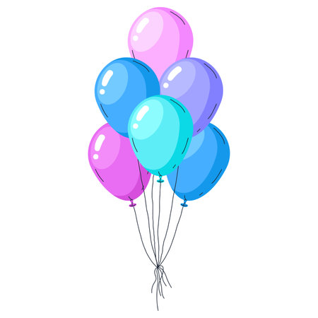 Helium balloons bunch. Air balloons happy birthday decorations, festive glossy floating balloons decor flat vector illustration. Flying colorful balloonsのイラスト素材