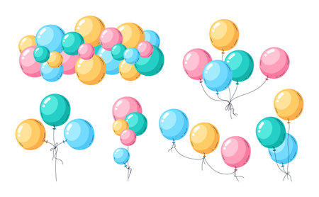 Helium balloons bunches. Air balloons festive decorations, happy birthday celebration colorful decor flat vector illustration set. Flying glossy air balloonsのイラスト素材