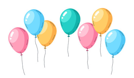 Colorful helium balloons. Glossy floating balloons, flying air balloons festive decorations flat vector illustration. Happy birthday celebration decorのイラスト素材