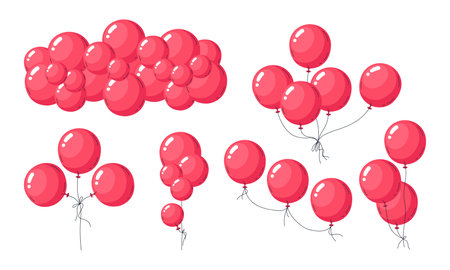 Helium red balloons. Floating balloon bunches, scarlet air balloons birthday party decorations flat vector illustration set. Red glossy balloons on whiteのイラスト素材