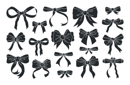 Hand drawn black silk bows. Bows silhouettes for holidays present boxes, bows silhouette flat vector illustration set. Birthday gifts ribbon decorationのイラスト素材
