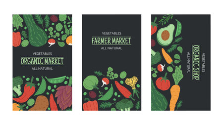 Vegetable banners. Farm market veggie food backdrop, organic tomato, pepper and radish flat vector background illustration set. Healthy vegetarian food postersのイラスト素材