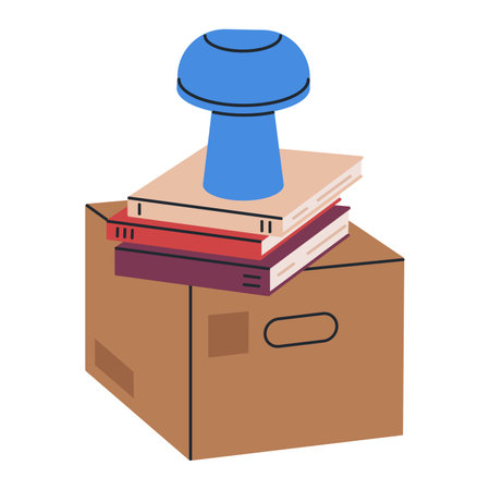 House moving box. Box with personal stuff, carton box with books and table lamp flat vector illustration. Home moving cardboard box on whiteのイラスト素材