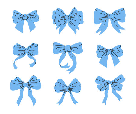 Blue silk bows. Birthday gifts ribbon decorations, hand drawn bows for gift boxes flat vector illustration set. Cute holidays bows decor collectionのイラスト素材