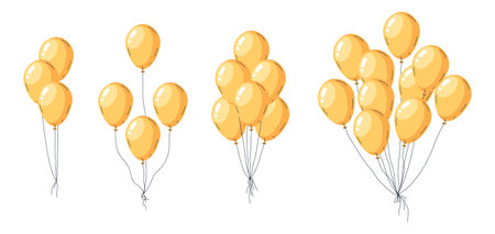 Yellow helium balloons. Glossy air balloons birthday party decorations, floating yellow balloon bunches flat vector illustration set. Bright balloons on whiteのイラスト素材