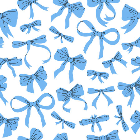 Cartoon bows pattern. Birthday gifts bows seamless pattern, blue ribbon decoration print flat vector background illustration. Hand drawn silk bows backdropのイラスト素材