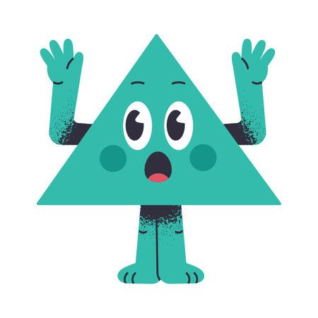 Comic triangle shape. Funny triangle character, geometric mascot with boggle emotion, cute triangle with funny face flat vector illustration. Comical geometric shapeのイラスト素材