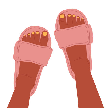 Feet in domestic slippers. Female feet with pedicure wearing home footwear, women feet in fluffy, cozy faux fur shoes flat vector illustration. Cute house shoes on feetのイラスト素材