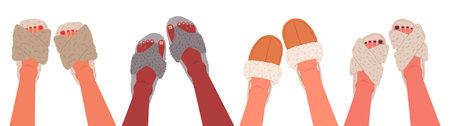 Female feet in domestic slippers. Feet wearing warm and comfy footwear, cozy indoor shoes flat vector illustration set. House shoes on women feetのイラスト素材