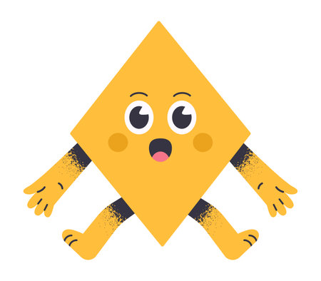 Comic rhombus mascot. Adorable geometric shape character with surprise emotions, cute yellow rhombus with funny face flat vector illustration. Funny geometric shapeのイラスト素材