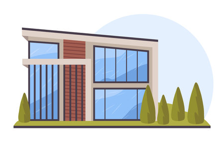 Suburban residental building. Modern country house, urban villa architecture flat vector illustration. Contemporary house facadeのイラスト素材
