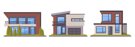 Modern villas architecture. Modern suburban residential buildings, real estate contemporary urban houses flat vector illustration set. Comfortable housesのイラスト素材