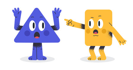 Funny geometric shapes. Comic characters for math school learning, triangle and rectangle mascots...