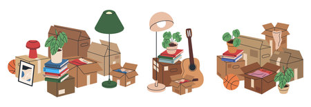 Home moving boxes. Cardboard boxes with moving stuff, stacked cargo moving boxes with clothes, pot plants and books flat vector illustration set. Carton moving boxesのイラスト素材