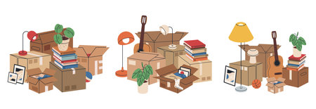 Cardboard boxes full of moving stuff. Carton boxes with books and clothes, stacked carton boxes flat vector illustration set. New house moving boxesのイラスト素材
