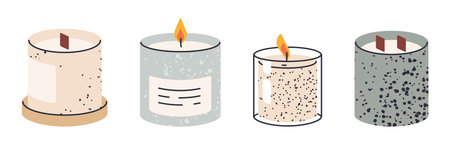 Candles in jar. Burning scented wax candles in glass jars, decorative minimalist design candles, aromatherapy and home interior decor flat vector illustration set. Hand drawn aromaのイラスト素材