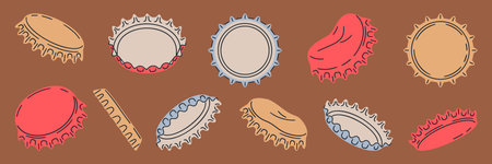 Metallic bottle caps. Beer, soda or lemonade glassware bottle cap, metallic lid for glass container with refreshing beverages flat vector illustration set. Hand drawn metal capsのイラスト素材
