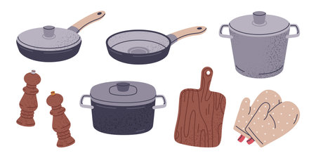 Kitchen tools. Cooking supplies, cutting board, potholders, pot, frying pan and roasting pan isolated flat vector illustration set. Hand drawn kitchen utensilsのイラスト素材