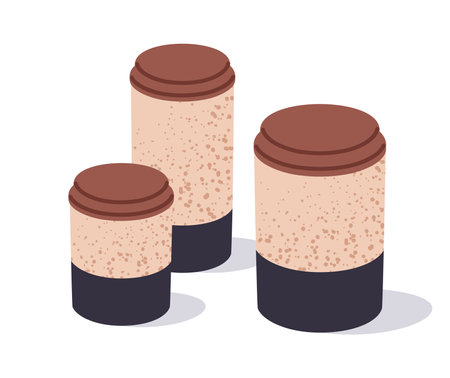 Storage jars. Empty food boxes for spices, cereal and pasta, food storing clay kitchenware jars flat vector illustration set. Household food containersのイラスト素材