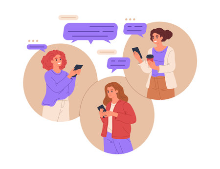 Girls chatting. Women texting to each other using smartphones, female characters text message to girlfriends flat vector illustration. Smartphone social media conceptのイラスト素材