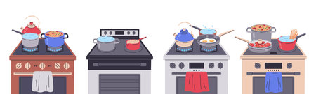 Cooking on stove burners. Food preparing, boiling pasta, hot soup and fried eggs on gas and electric cookers flat vector illustration set. Home food cooking on stovesのイラスト素材