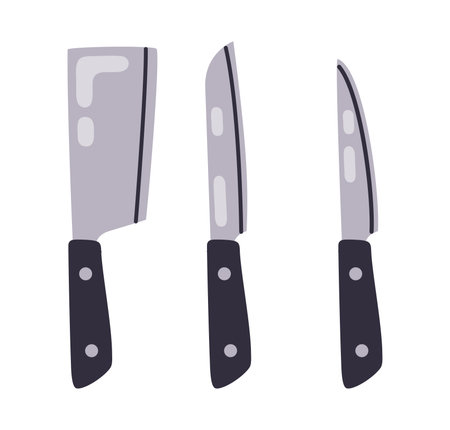 Chef knives. Kitchen cooking tools, meat and fish cutting knife flat vector illustration set. Food preparation daggersのイラスト素材