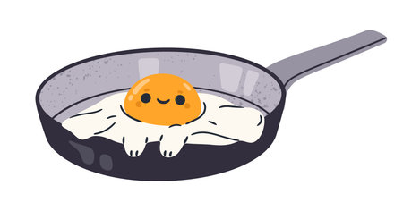 Chicken egg character in frying pan. Cartoon fried eggs mascot, funny comic eggs with facial emotions flat vector illustration. Cute fried egg mascot with humorous faceのイラスト素材