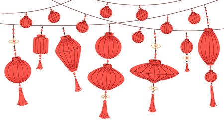 New Year paper lanterns. Oriental red hanging lamps, festive holidays street decorations flat vector illustration. Traditional paper lanterns backgroundのイラスト素材