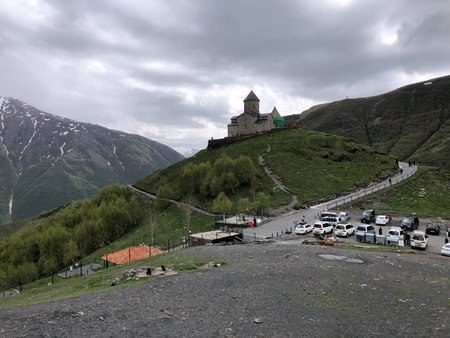 View of Gergeti Trinity Church in Gergeti, Georgia