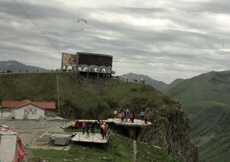 A view of the Friendship Monument overlooking the Devil's Valley in the Caucasus Mountains