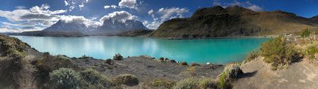 Panoramic view of Patagonia landscape with lake and mountains, Torres del Paine, Chileの写真素材