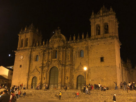The Cathedral of Cusco at night - a significant historical and architectural landmark in the main square of Cusco, Peru.の写真素材