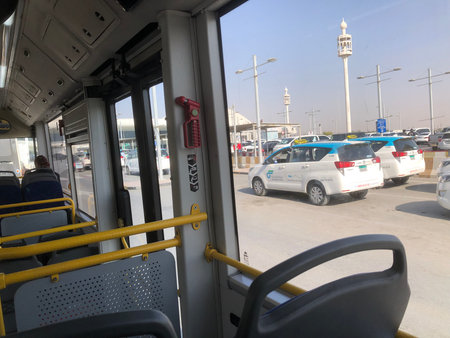 View from the passenger seat inside the public bus in Sharjah, UAEの写真素材