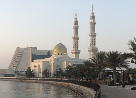 Al Maghfirah Mosque and waterfront in Sharjah, UAEの写真素材