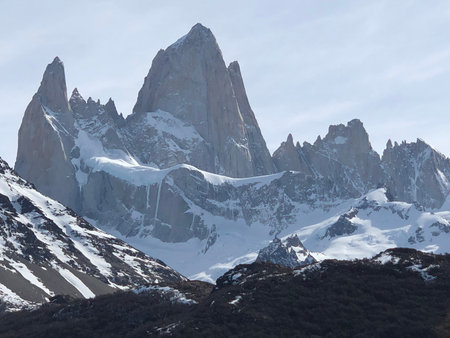 Mount Fitz Roy, located in Patagonia on the Argentina-Chile border, features striking granite peaks covered in snowの写真素材
