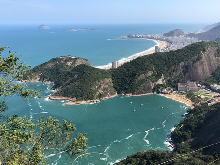 An expansive view of Guanabara Bay from cable car to Sugarloaf Mountain, Rio de Janeiro, Brazil