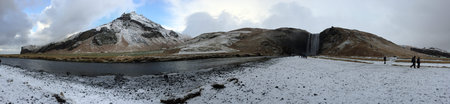 Panoramic view of snow covered near Skogafoss in Iceland