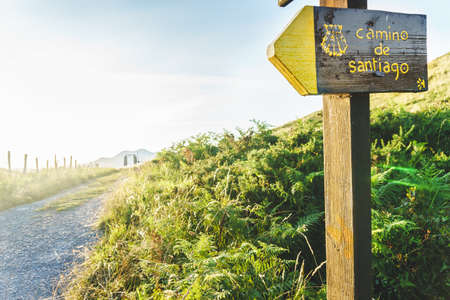 Poster or sign of the Camino de Santiago at sunset in the middle of nature as it passes through Cantabriaの写真素材