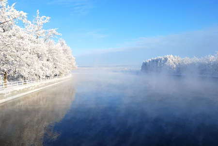 Fog over Vuoksi. Imatra, Finlandの写真素材