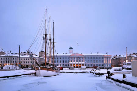 Beautiful romantic winter evening in Helsinki, Finland の写真素材